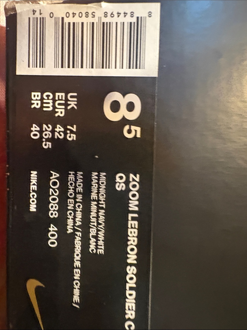 Nike Zoom LeBron Soldier QS Box Label in Midnight Navy and White